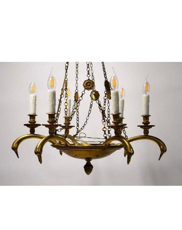 Mid 20th Century Art Nouveau Brass Swan Chandelier - 2