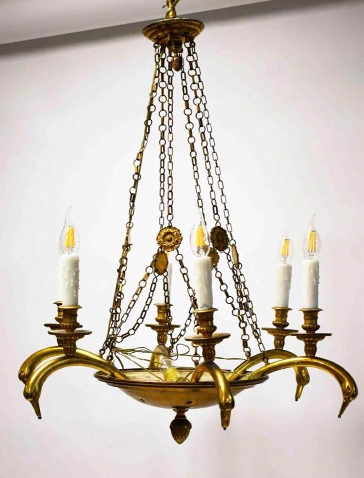 Mid 20th Century Art Nouveau Brass Swan Chandelier - 4