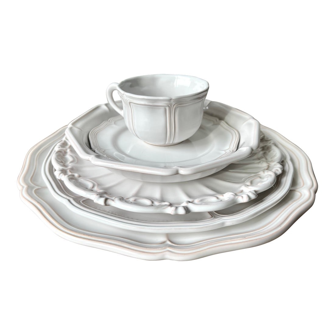 Vintage Motton Faience-8 Place Settings & Serving-106 Pieces-France: This fabulous and very rare set of vintage circa 1960's French faience dinnerware features; 8 dinner plates, 8 soup bowls, 8 asparagus plates, 8 scallop-edge luncheon or dessert plates, 8 bread plates