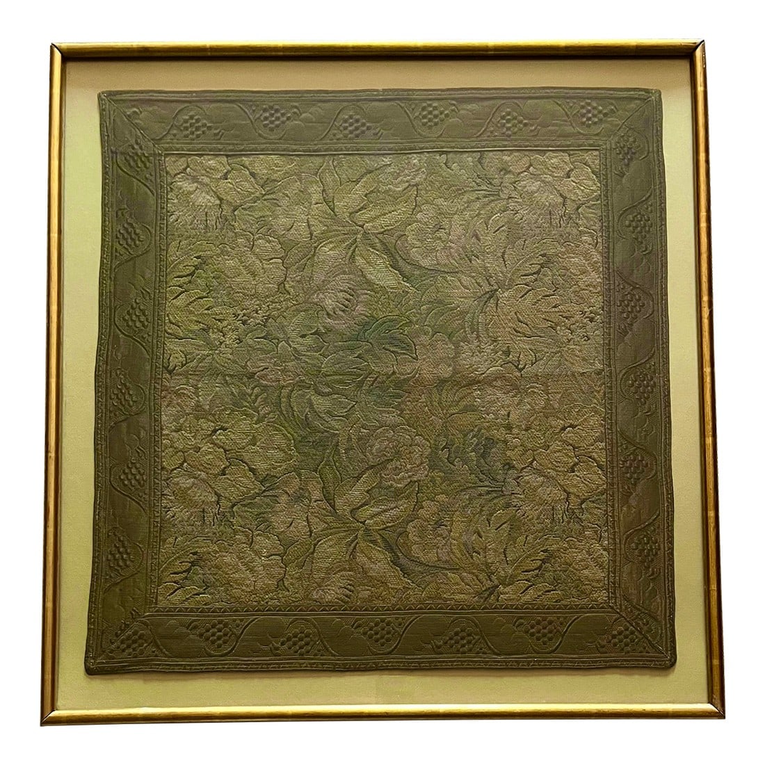 Antique French 'Verdure' Tapestry-Custom Gilt Frame: This beautiful antique classic Verdure tapestry features woven leaves in shades of Olive Green with a metallic woven border.Could possibly be a chalice veil as well. Custom framed in a 22 KT Swiss