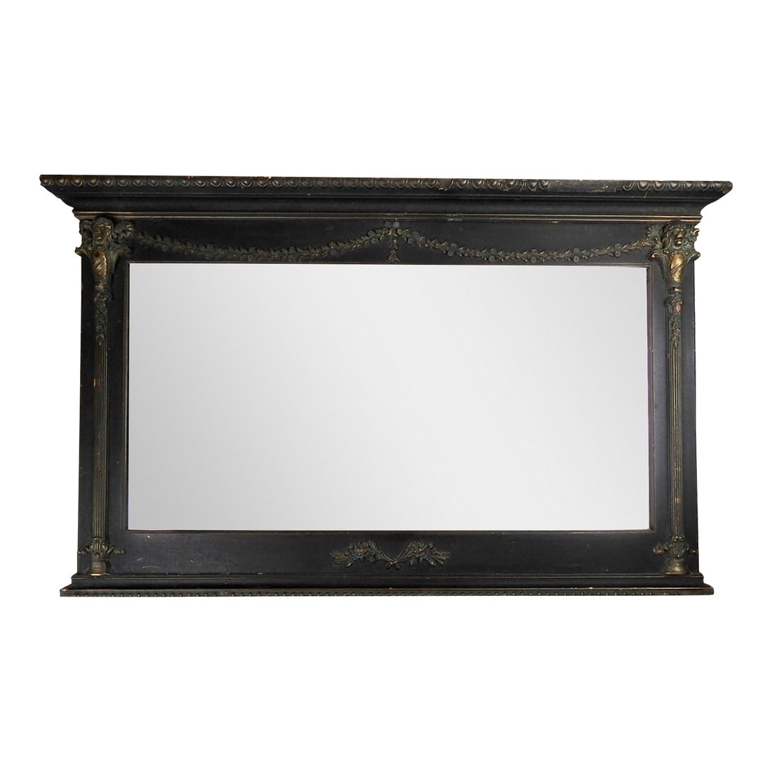 Mid 19th Century Renaissance Revival Mirror Lion Head Crest: Antique mid 19th century Renaissance Revival mirror, tabernacle frame, beveled mirror, frame has lion head crests and columns with floral garland detail. Moldings have gold highlights with a few