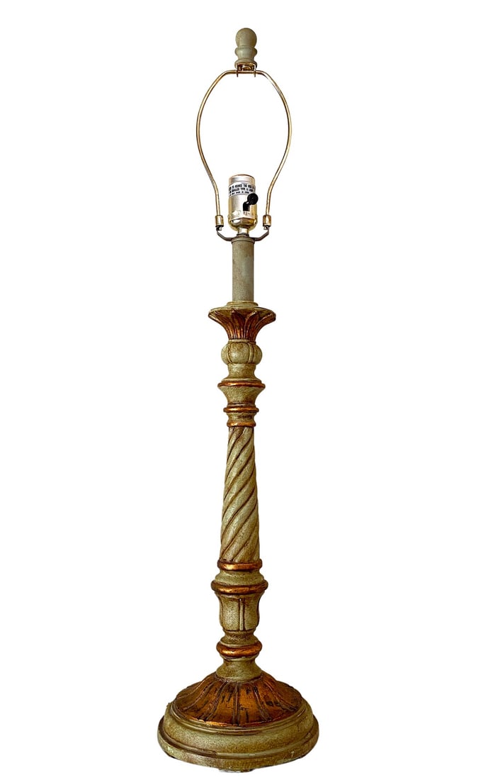 1990s Michael Berman Venetian Florentine Giltwood Style Table Lamp, Signed: Cast metal table lamp featuring a twisted column base with patinated green copper effect and gold leaf details. Signed BERMAN. Lamp shade in last photo not included, but is available in our store. 