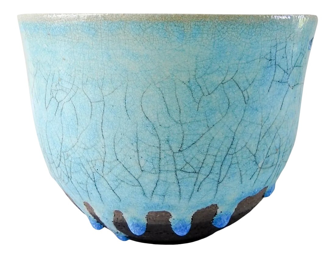 Nancy Pawel Turquoise Raku Bowl: Turquoise crackle glaze raku pot by Nancy Pawel (Texas). Beautiful colored drip glaze, signed on bottom. Condition: Alterations: Original Condition Unaltered Imperfections: Some Imperfections