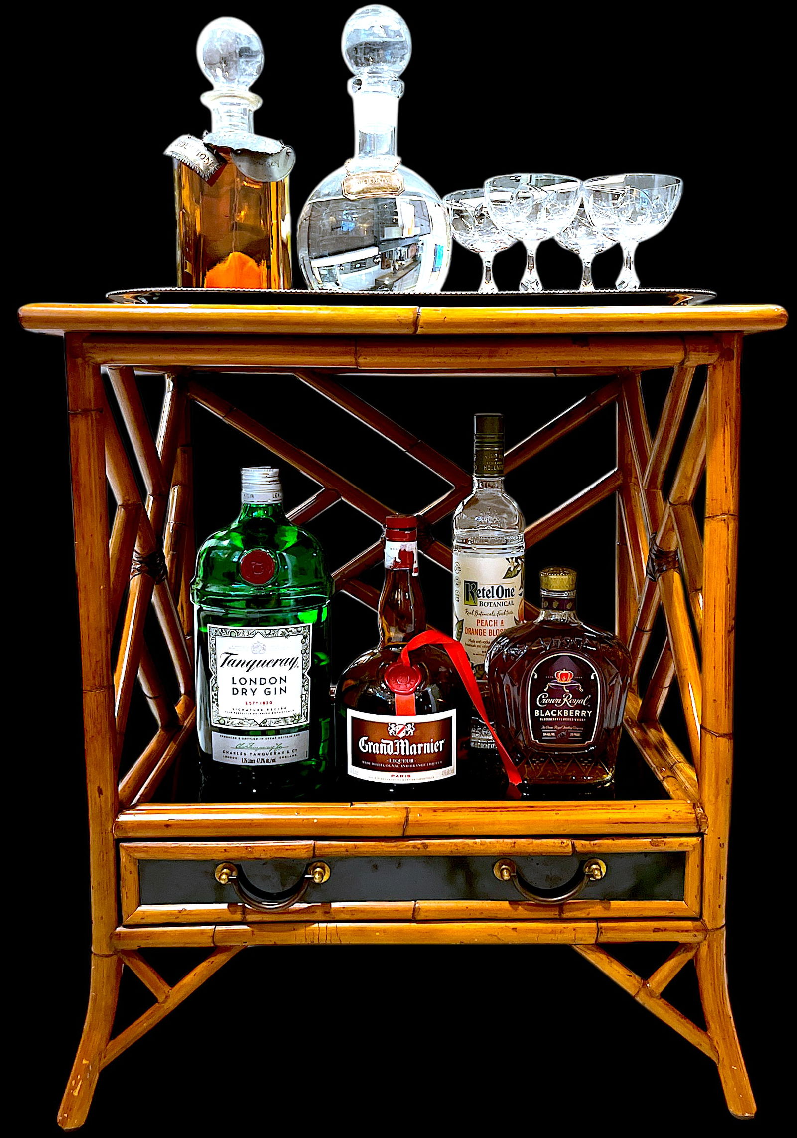 1970s Vintage Bamboo, Leather and Black Lacquer Side Table or Small Bar Regency Chinoiserie Style - 2