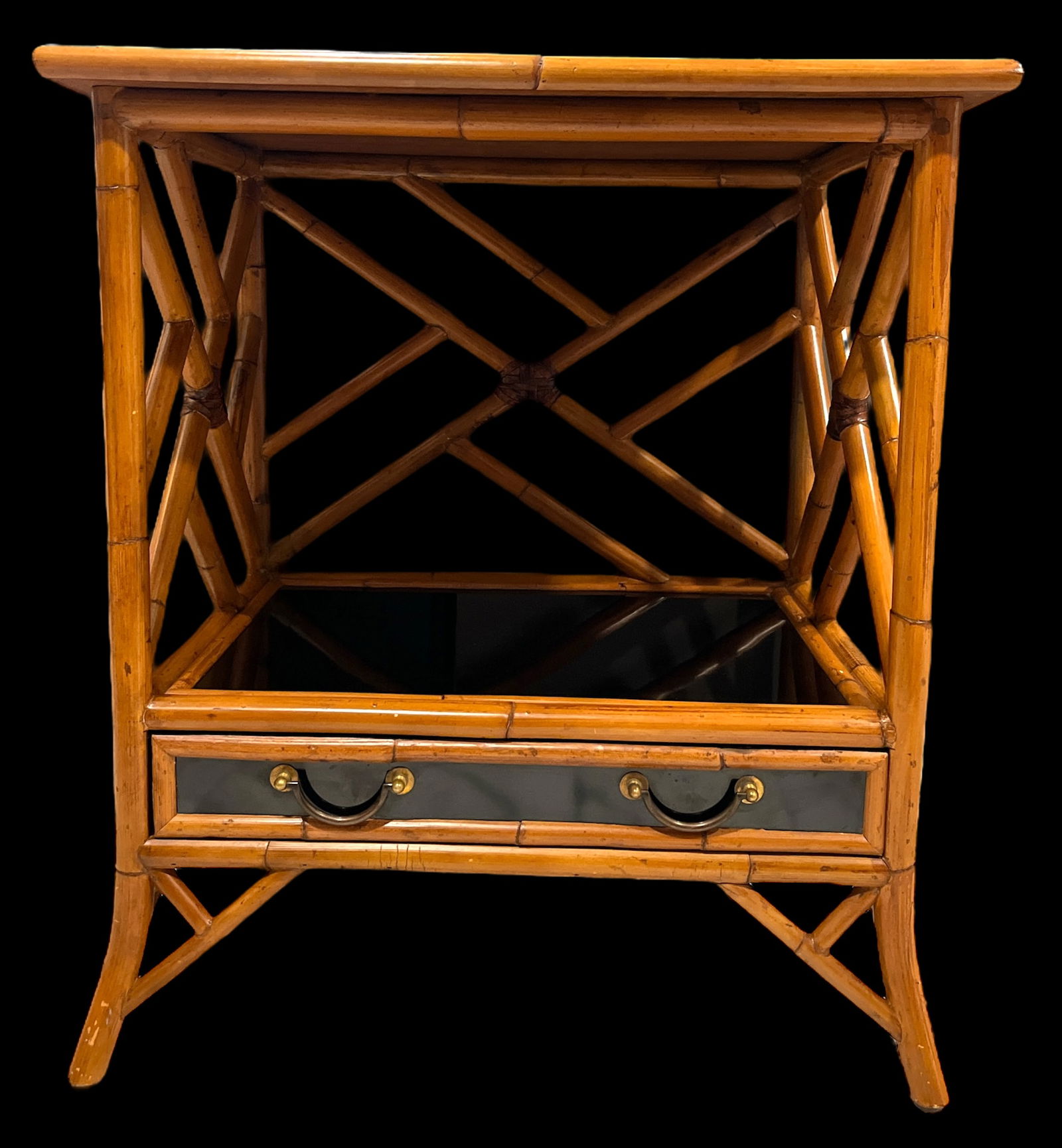 1970s Vintage Bamboo, Leather and Black Lacquer Side Table or Small Bar Regency Chinoiserie Style - 3