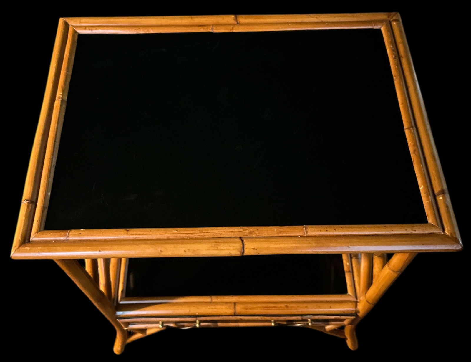 1970s Vintage Bamboo, Leather and Black Lacquer Side Table or Small Bar Regency Chinoiserie Style - 4