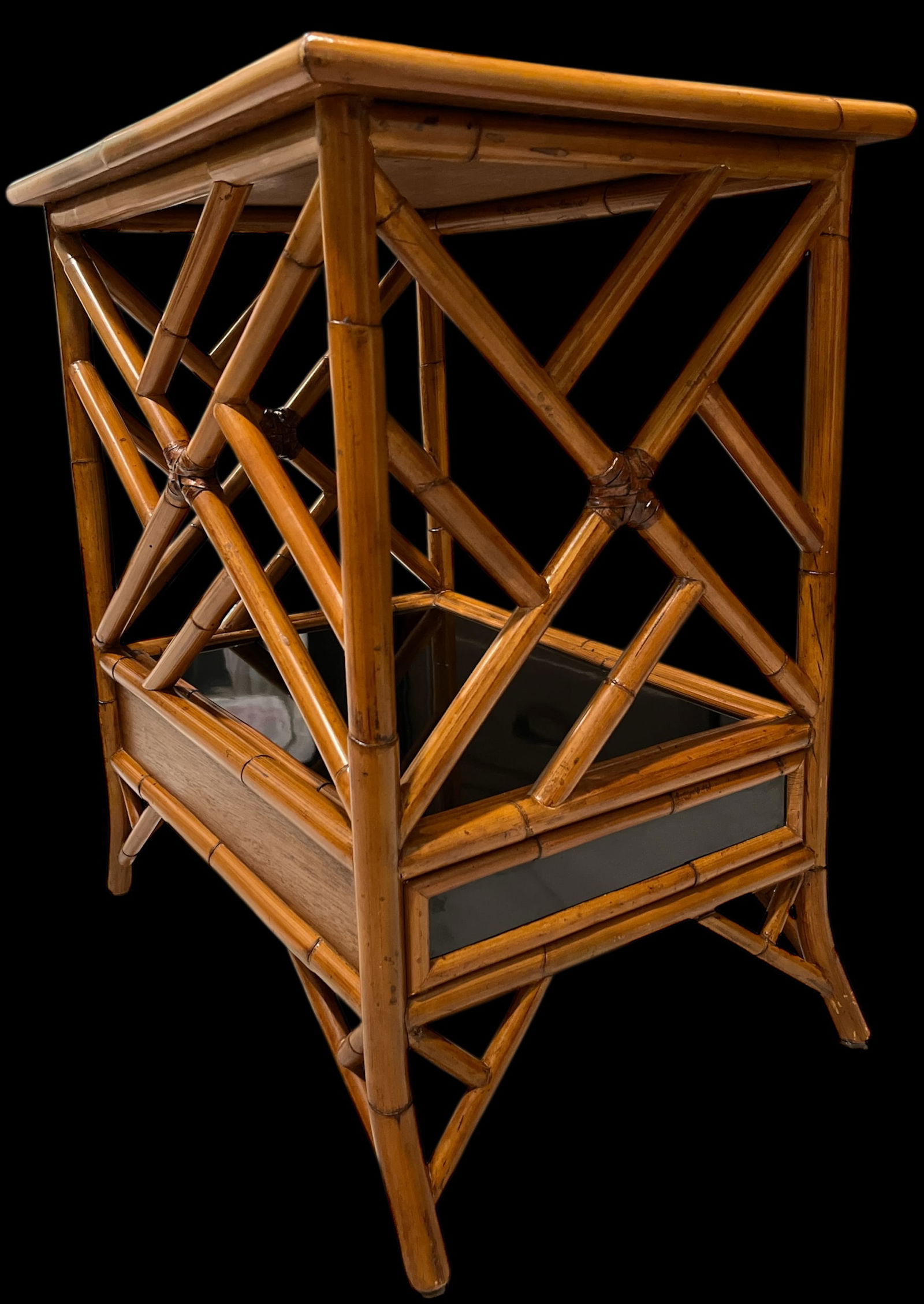 1970s Vintage Bamboo, Leather and Black Lacquer Side Table or Small Bar Regency Chinoiserie Style - 6