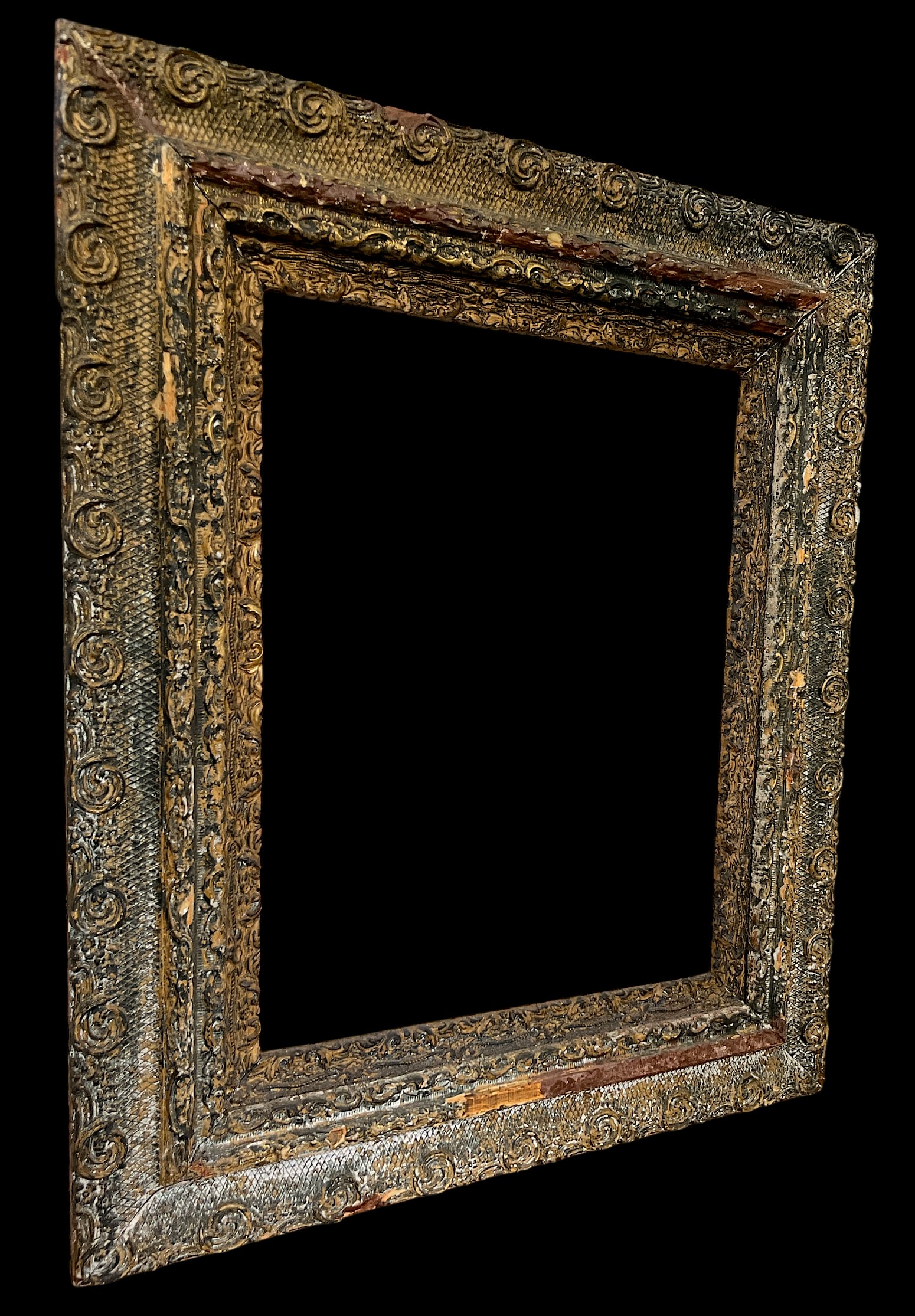 Large 19th Century Antique Gesso and Gilt Wood Frame With Ornate Swirl and Floral Relief - 2