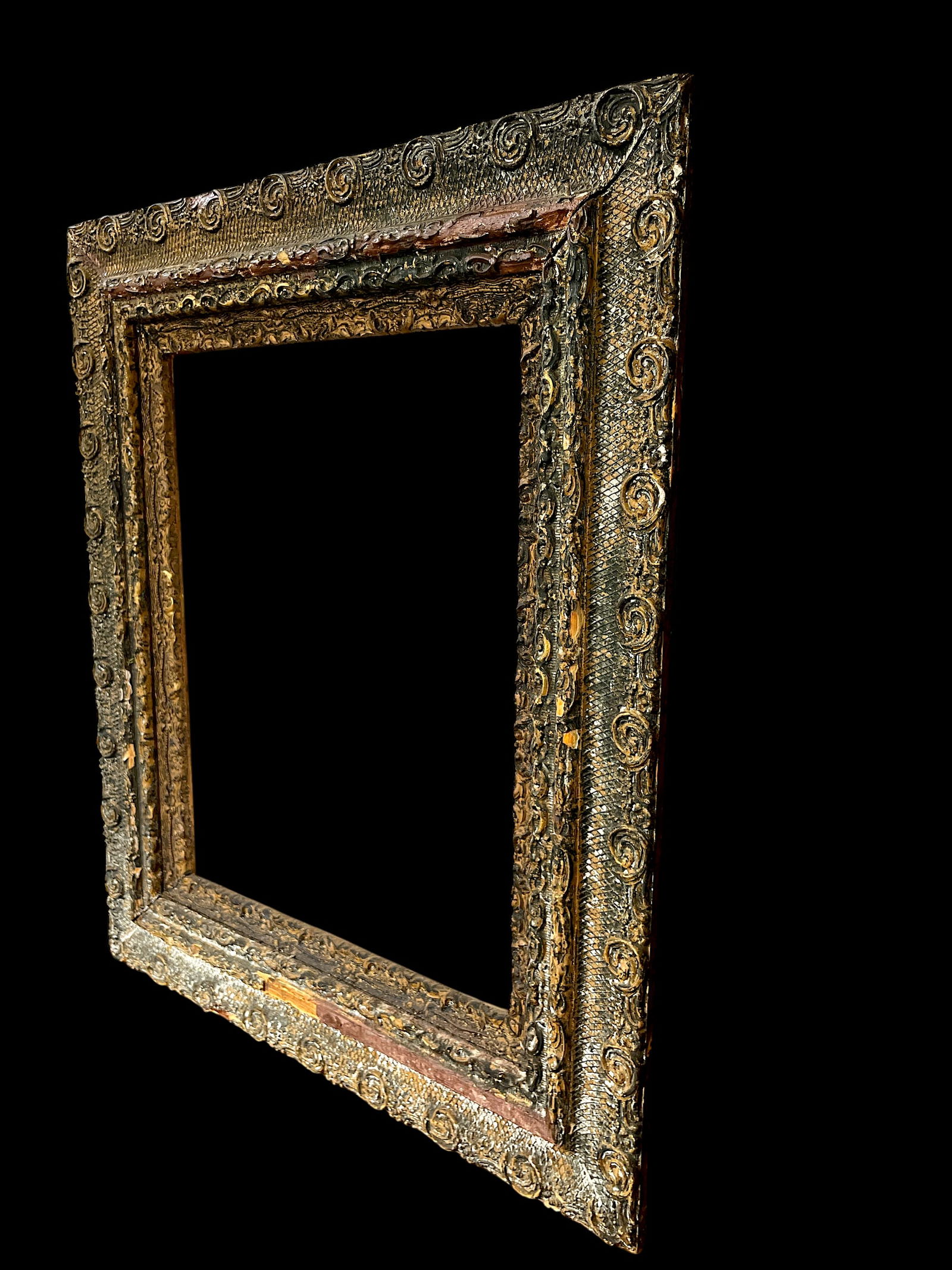 Large 19th Century Antique Gesso and Gilt Wood Frame With Ornate Swirl and Floral Relief - 3