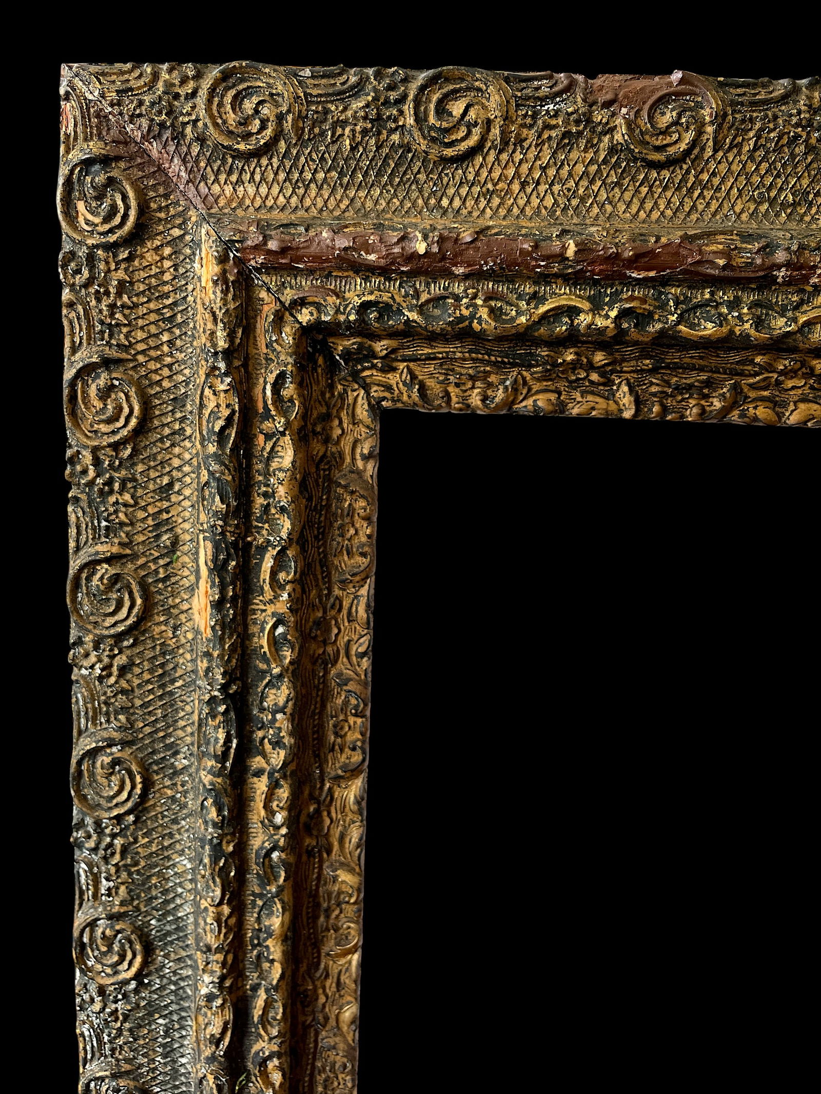 Large 19th Century Antique Gesso and Gilt Wood Frame With Ornate Swirl and Floral Relief - 4