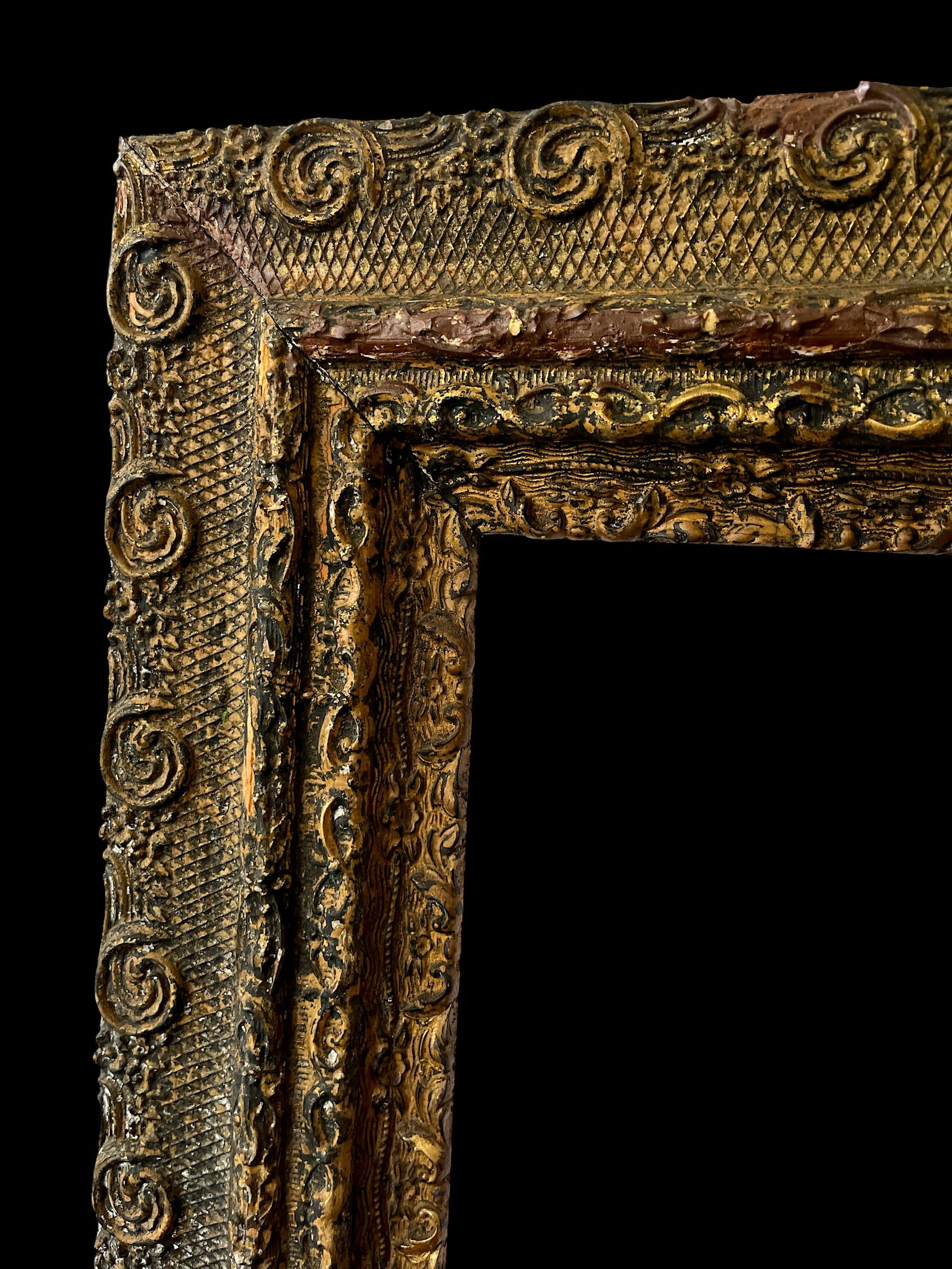 Large 19th Century Antique Gesso and Gilt Wood Frame With Ornate Swirl and Floral Relief - 5