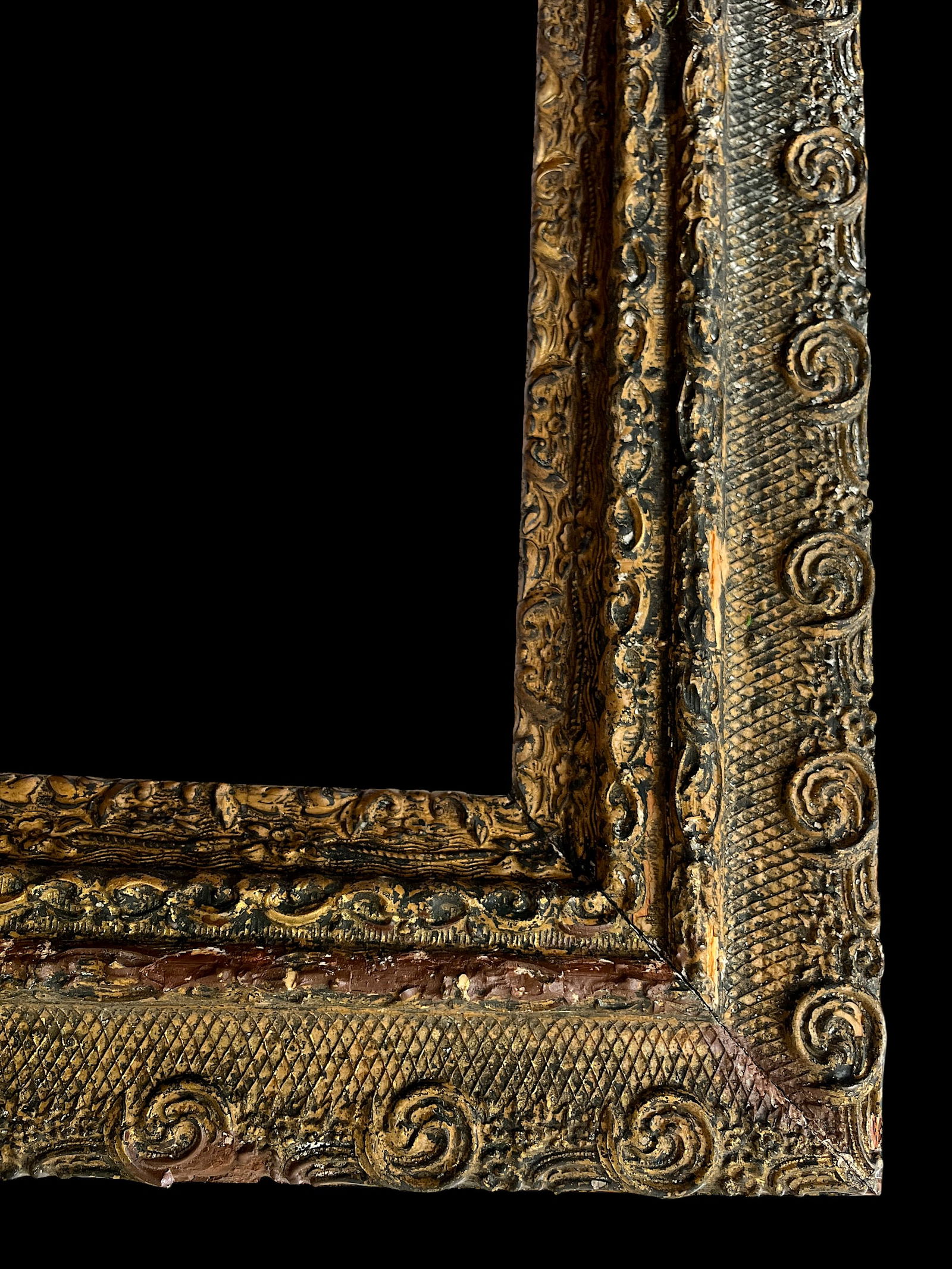 Large 19th Century Antique Gesso and Gilt Wood Frame With Ornate Swirl and Floral Relief - 7