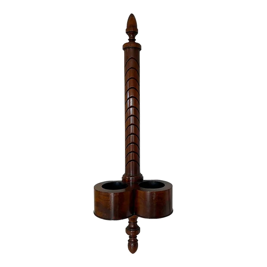 1940s Weiman Heirloom Mahogany Wall-Mounted Card Holder Display Umbrella Stand: 1940s mahogany wall-mounted umbrella stand and mail holder by Weiman Heirloom. Acorn-style finials at top and bottom. Has a long neck with 12 slots for holding mail. Has two round open holders for eit