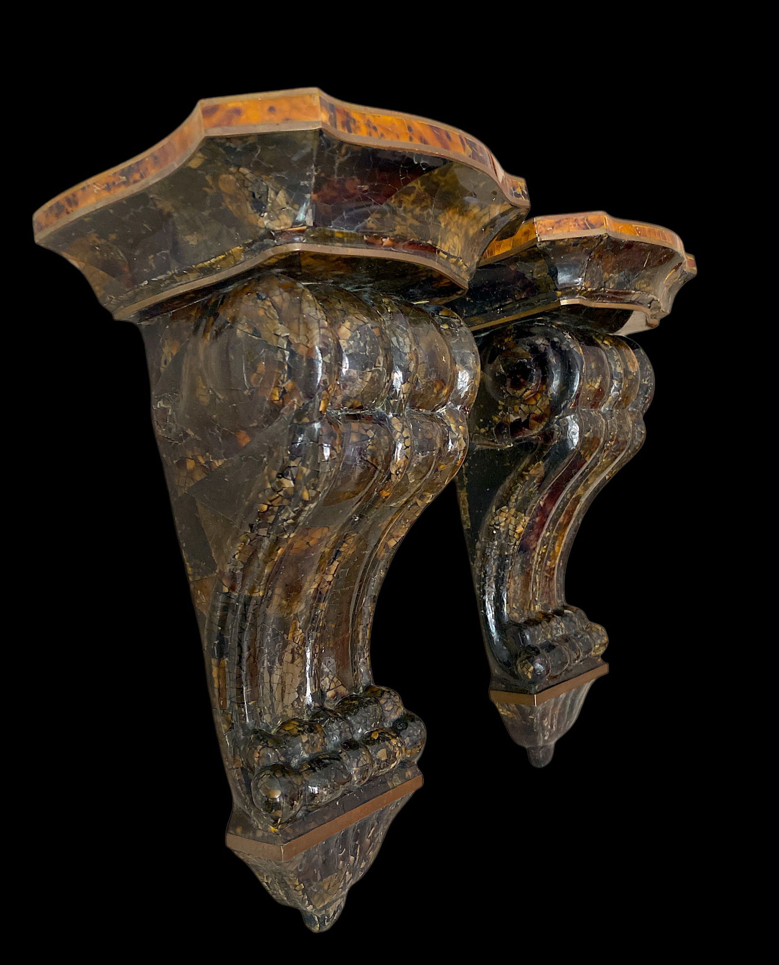 1980s Large Pair of Tessellated Pen Shell and Brass Wall Brackets Attributed to Maitland-Smith - 6