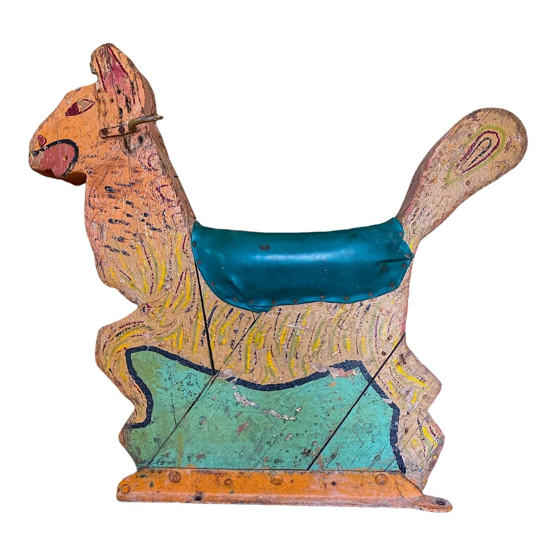 19th Century Antique Hand Made Wooden Carousel Carnival Ride Seat Llama or Camel: A one-of-a-kind piece of American history. This hand-carved, hand-painted wooden animal figure was once part of a carnival ride or carousel. Created about 1910, this piece, with its