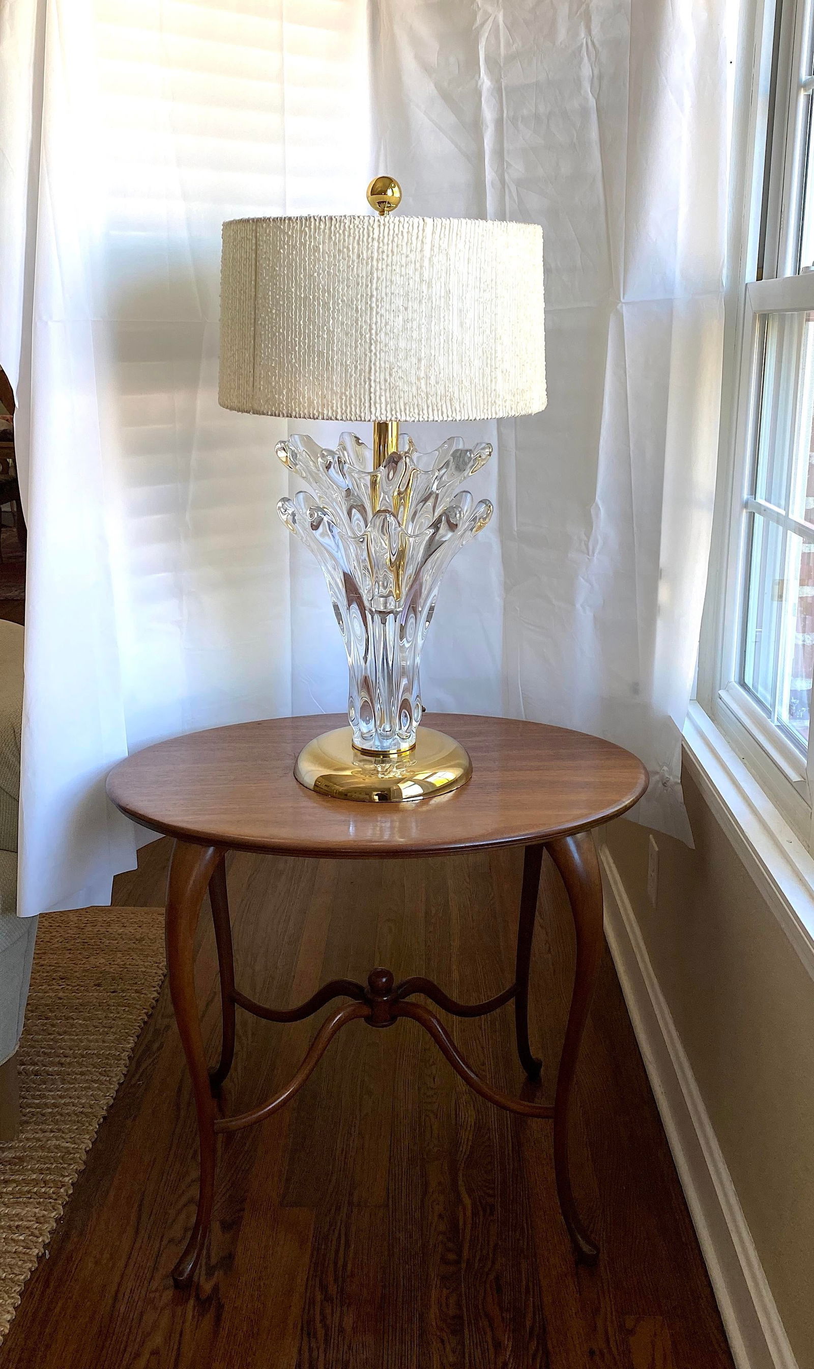 Large 1950s Art Vannes Verrier Crystal and Brass Table Lamp With Original Cloth Drum Shade - 11