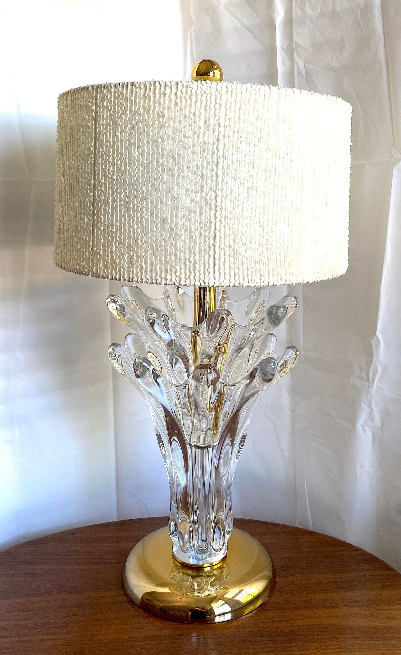 Large 1950s Art Vannes Verrier Crystal and Brass Table Lamp With Original Cloth Drum Shade - 12
