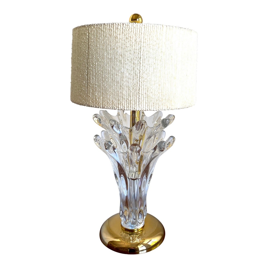 Large 1950s Art Vannes Verrier Crystal and Brass Table Lamp With Original Cloth Drum Shade: Magnificent Midcentury French Crystal and Brass lamp by one of the greatest makers. This is a show stopper in style, size and craftsmanship. Includes original drum lampshade, in excellent condition,