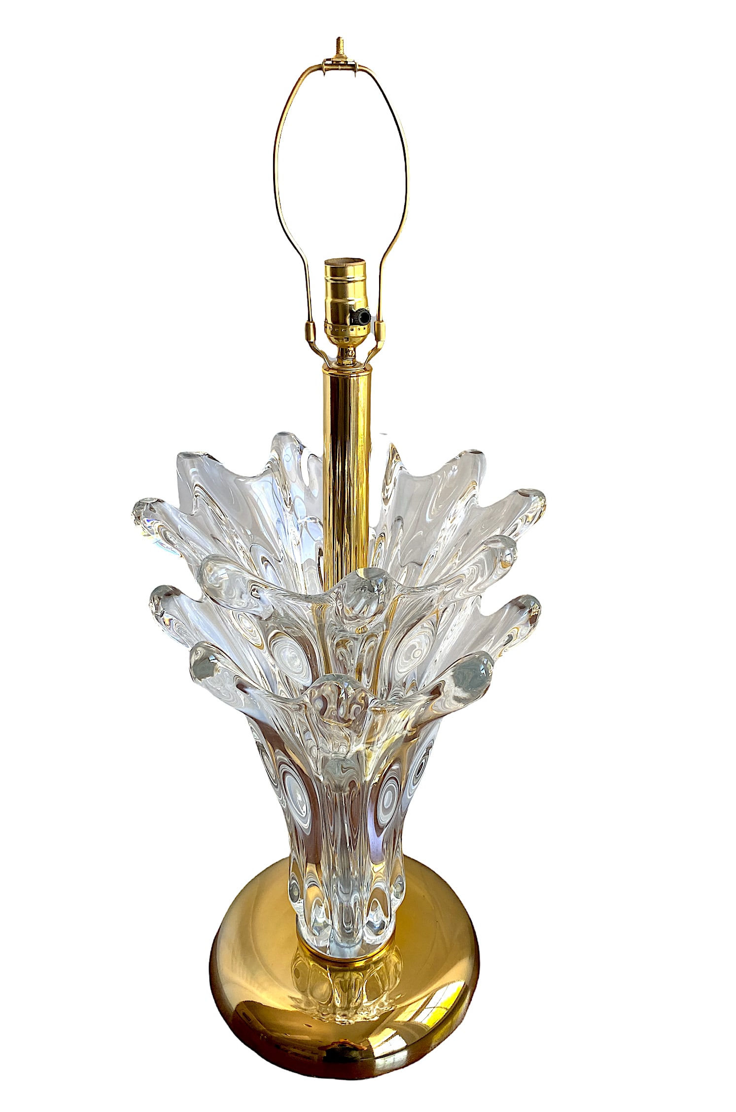 Large 1950s Art Vannes Verrier Crystal and Brass Table Lamp With Original Cloth Drum Shade - 2