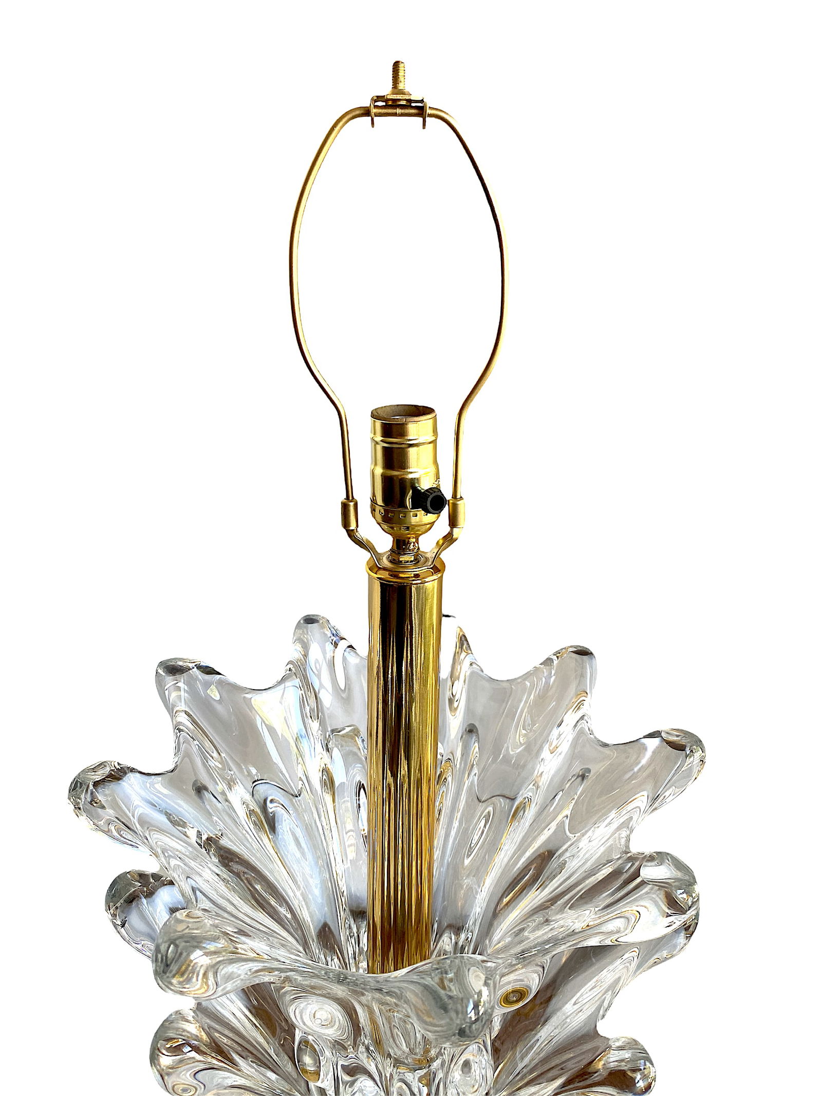Large 1950s Art Vannes Verrier Crystal and Brass Table Lamp With Original Cloth Drum Shade - 3