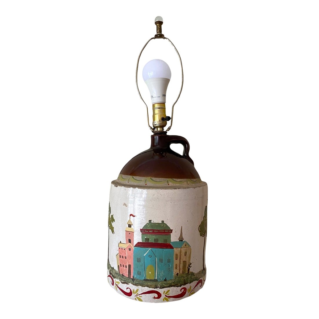 Late 19th Century Southern Folk Art Hand Painted European Cityscape on Whiskey Jug Crock Lamp: This lamp is a Southern collector's dream. Purchased from the estate of the artist's great-granddaughter, the lamp is a 19th century stoneware whiskey jug on which is hand-painted a fanciful cluster