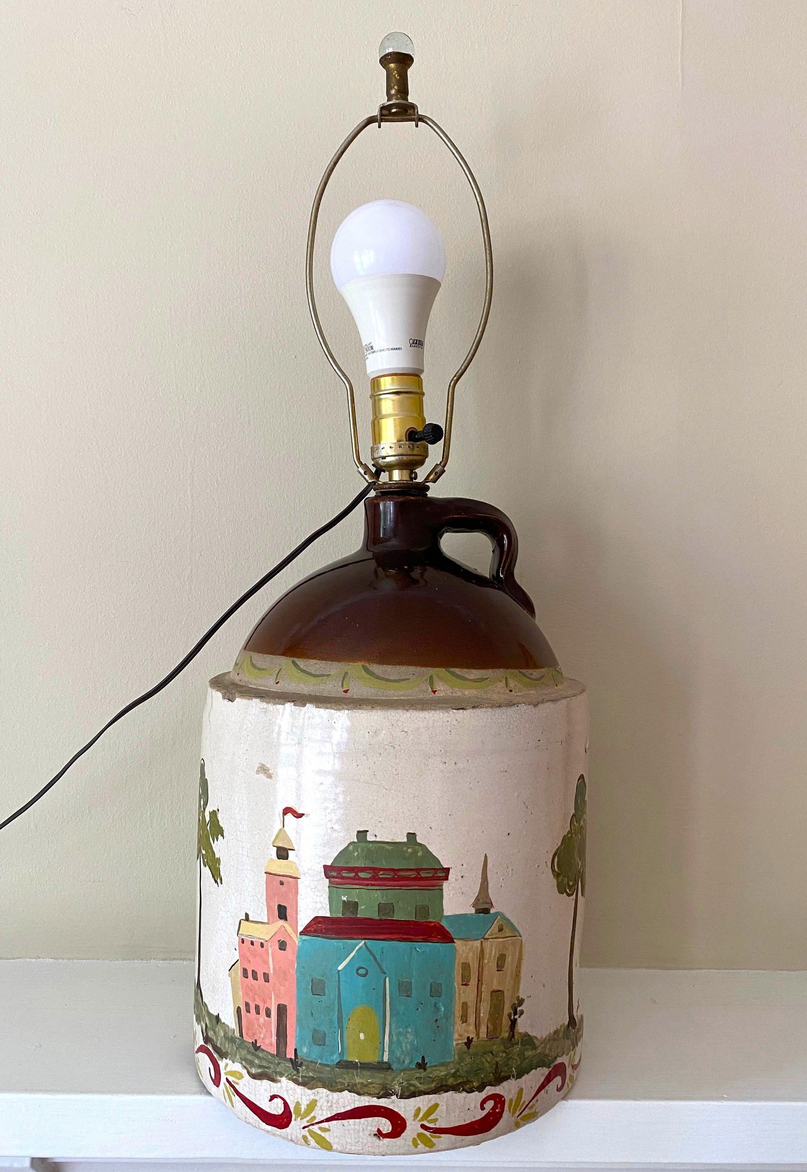 Late 19th Century Southern Folk Art Hand Painted European Cityscape on Whiskey Jug Crock Lamp - 2