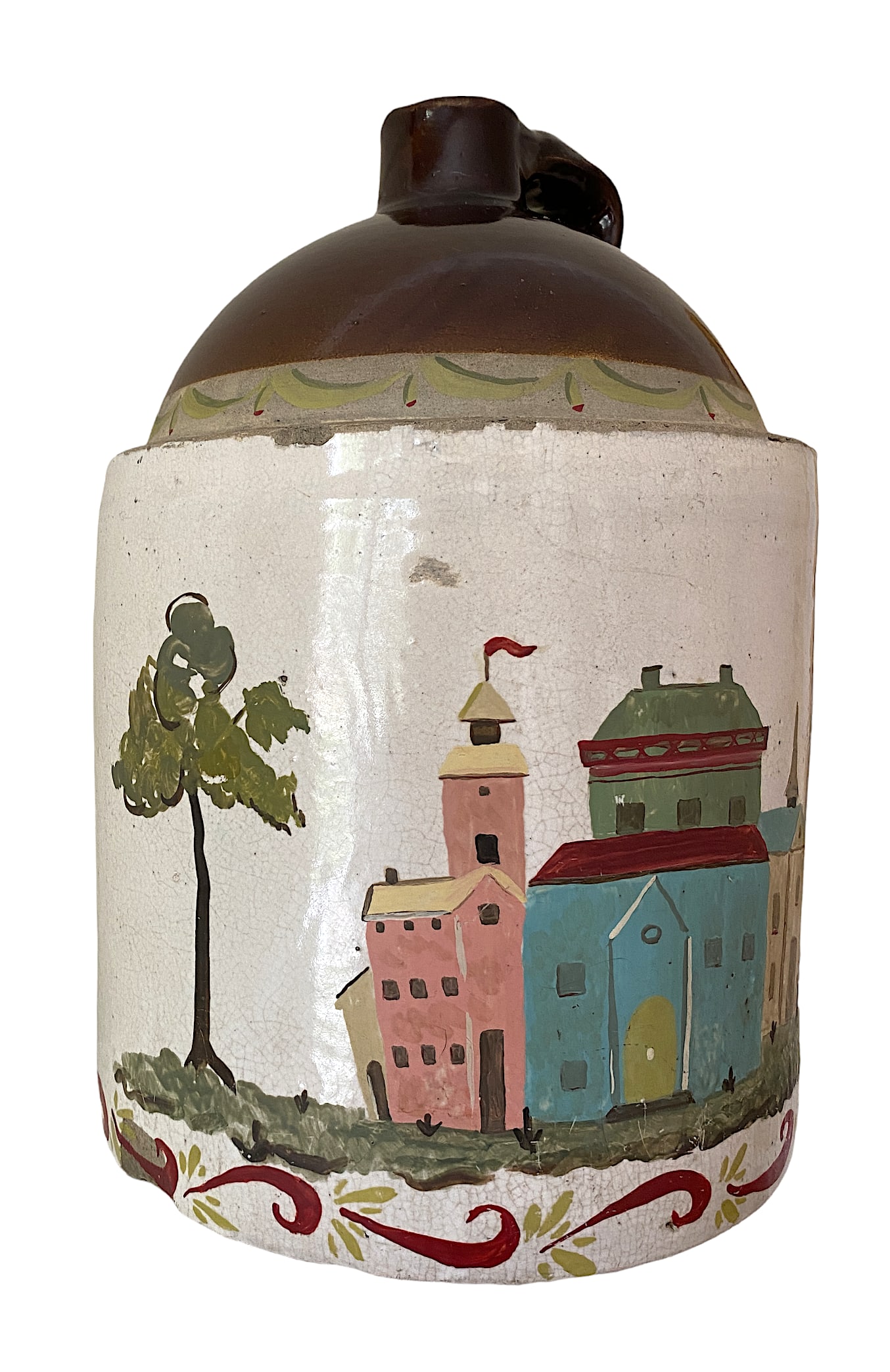 Late 19th Century Southern Folk Art Hand Painted European Cityscape on Whiskey Jug Crock Lamp - 3