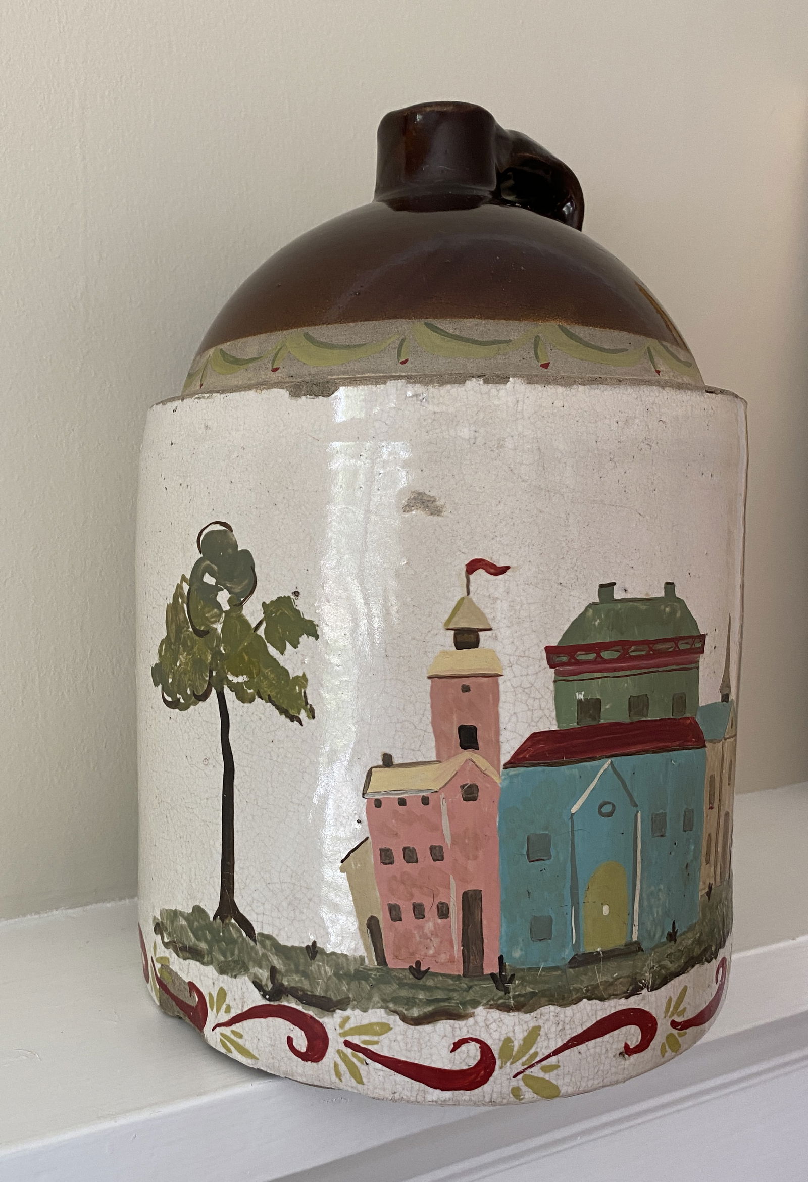 Late 19th Century Southern Folk Art Hand Painted European Cityscape on Whiskey Jug Crock Lamp - 6