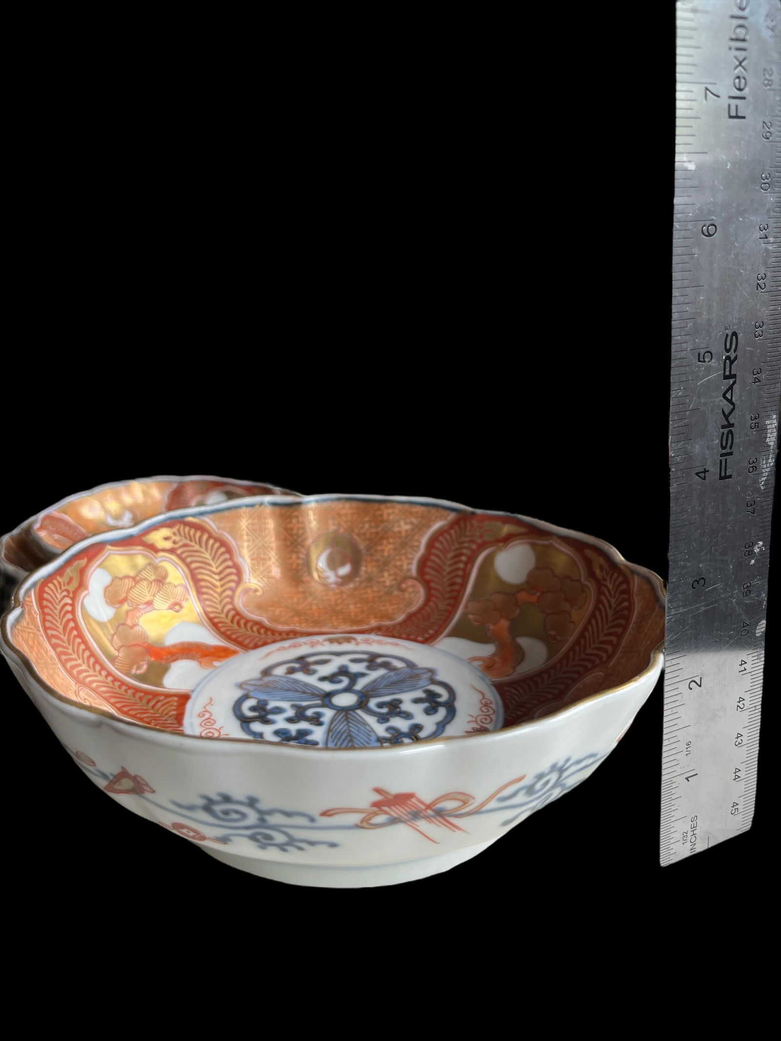 19th Century Japanese Meiji Period Marked Imari Fluted Footed Nesting Bowl Blue Fuku Mark Arita- Set - 12