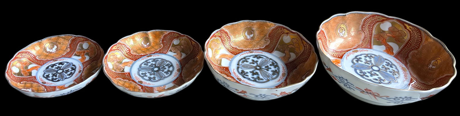 19th Century Japanese Meiji Period Marked Imari Fluted Footed Nesting Bowl Blue Fuku Mark Arita- Set - 2