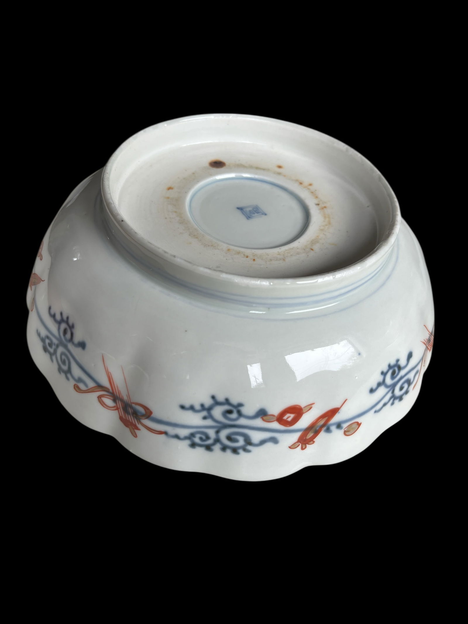 19th Century Japanese Meiji Period Marked Imari Fluted Footed Nesting Bowl Blue Fuku Mark Arita- Set - 9