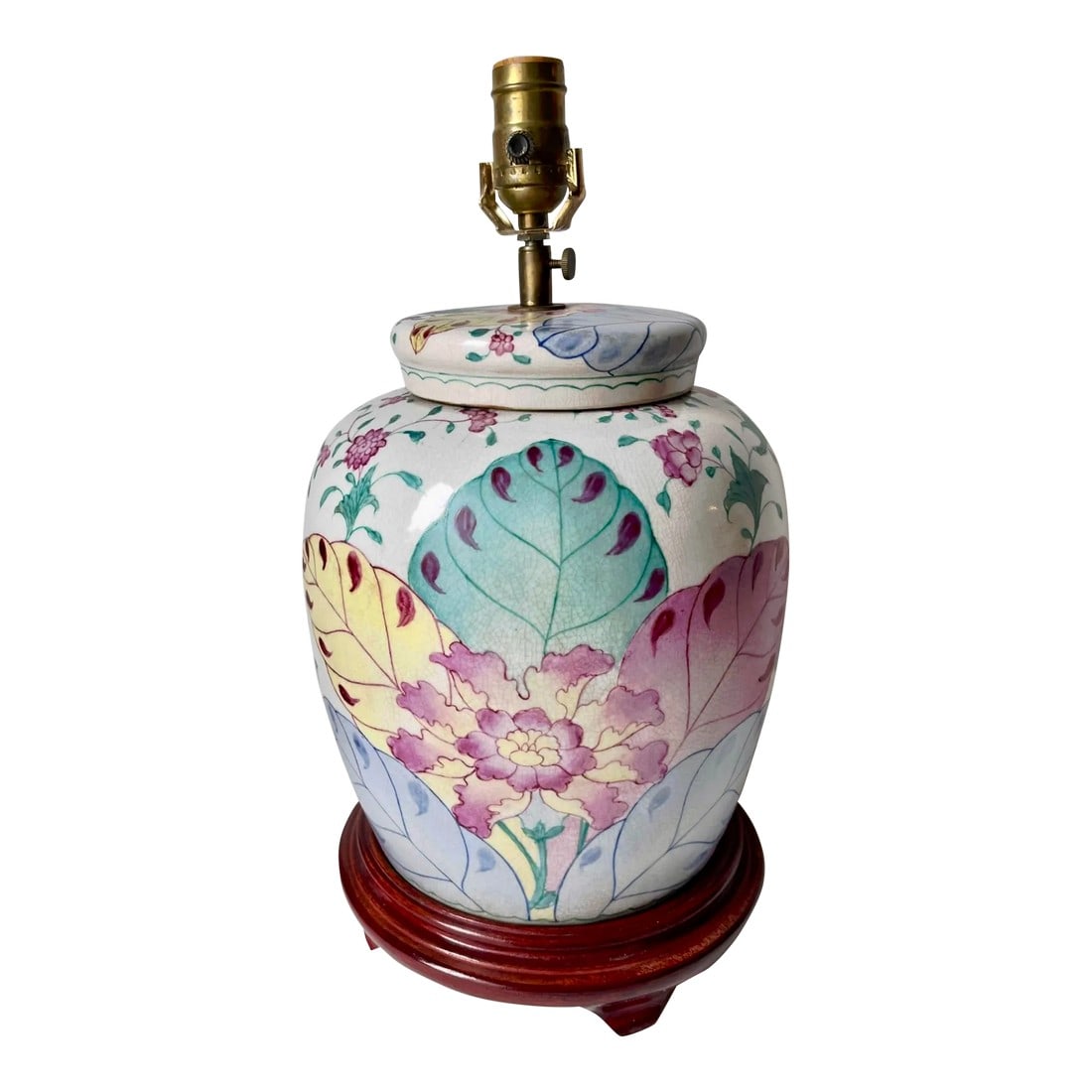 Vintage Classic Tobacco Leaf Ceramic Lamp-Wood Pedestal: This gorgeous vintage Tobacco Leaf Chinoiserie ceramic lamp features a Pastel palette of soft Pinks, Blues and Aqua on a White crackle glaze ground. Has the lid for a classic ginger jar lamp and sits