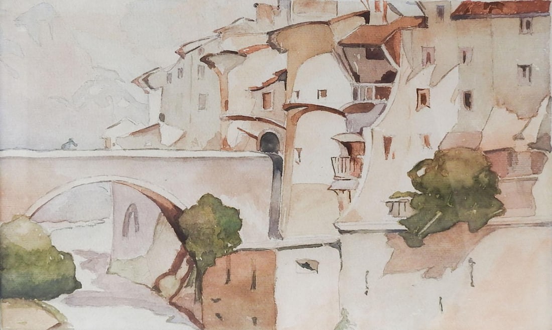 Vintage Sunlit Whitewashed Architecture Watercolor Painting - 3
