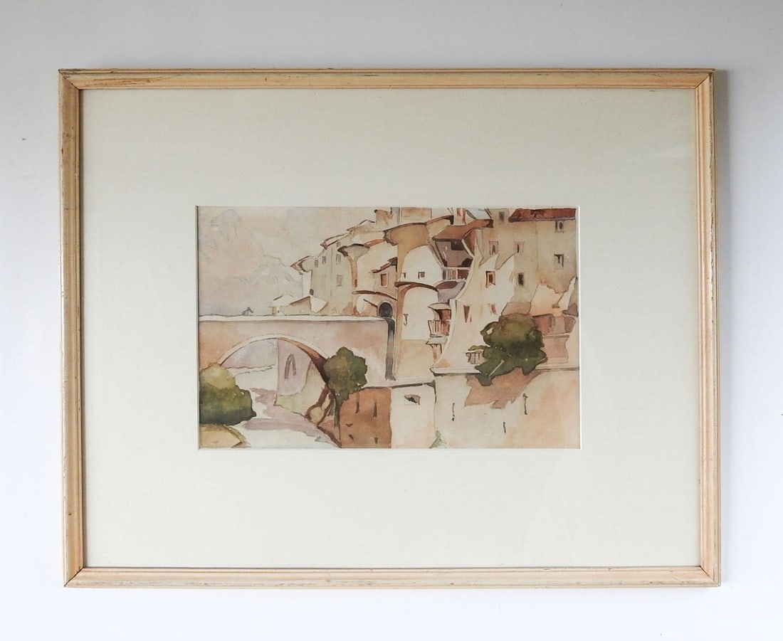 Vintage Sunlit Whitewashed Architecture Watercolor Painting - 4