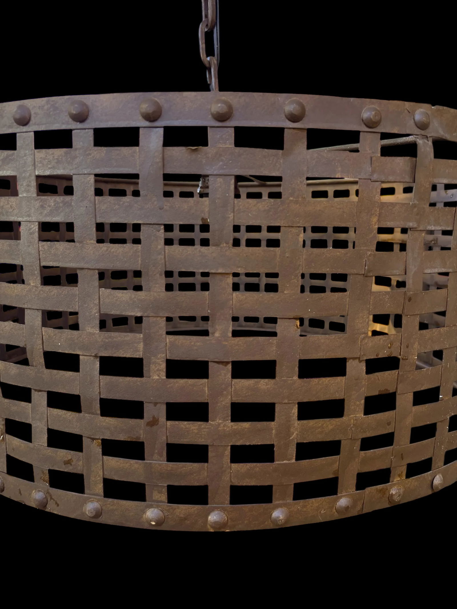 Rustic Riveted Oxidized Iron Metal Cage Barrel Pendant Light - 3