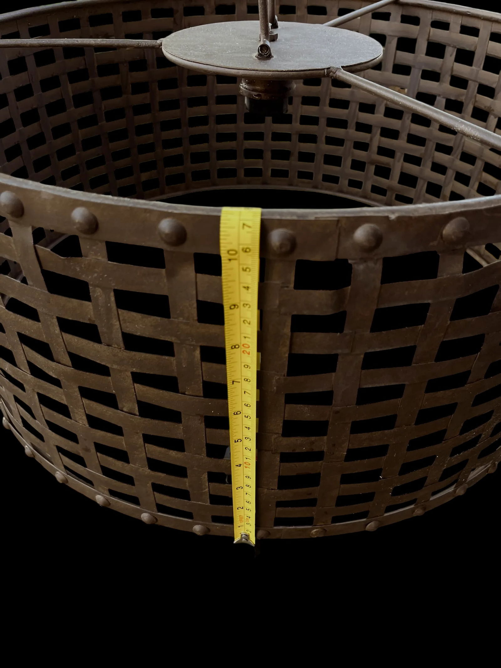 Rustic Riveted Oxidized Iron Metal Cage Barrel Pendant Light - 8