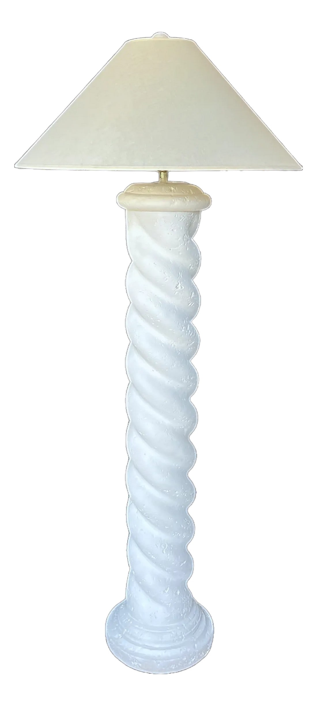 1980s White Plaster Twisted Spiral Column Floor Lamp in the Style of Michael Taylor, John Dickinson: Sculptural plaster floor lamp, a dramatic piece that channels the elemental grandeur of Michael Taylor, the organic whimsy of John Dickinson, and the theatrical flair of Serge Roche. Towering in scale