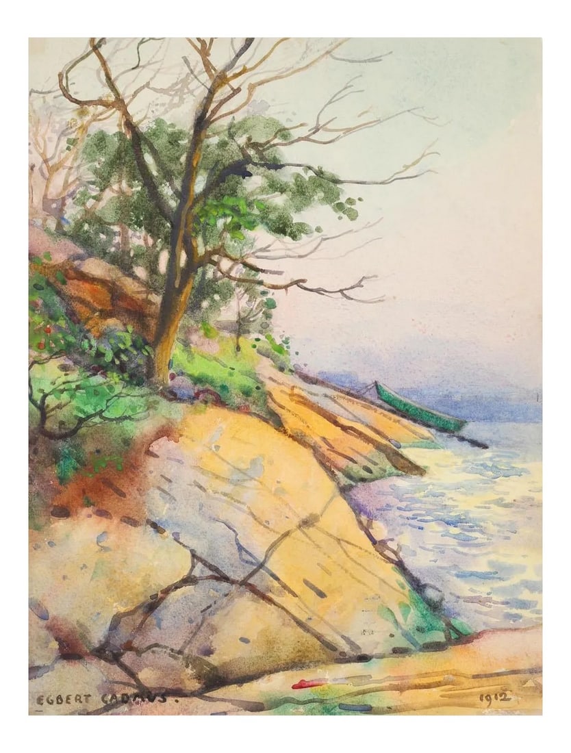 1912 Rocky Coast New England Egbert Cadmus Watercolor Painting: Watercolor on paper by Egbert Cadmus (American, 1868-1939 Connecticut/New Jersey) of a New England rocky inlet with green boat. An accomplished watercolorist, best known as the father of artist Paul
