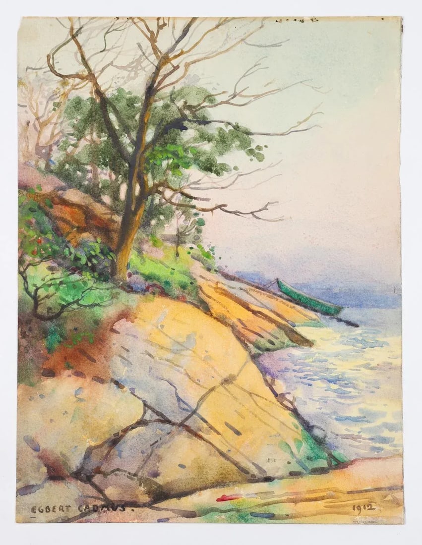 1912 Rocky Coast New England Egbert Cadmus Watercolor Painting - 4