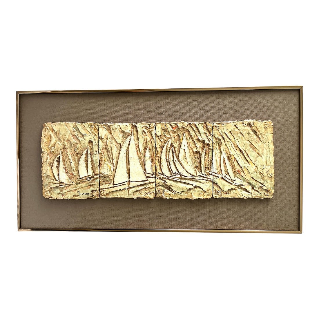 1970s Brutalist Nautical Bas Relief "The Racers" by Marilyn Lilygren – Framed Sailing Regatta: Striking 1970s acrylic bas relief titled "The Racers" by American artist Marilyn Lilygren. A dynamic regatta scene unfolds across four sculpted panels, each featuring abstracted sailboats in motion"&#