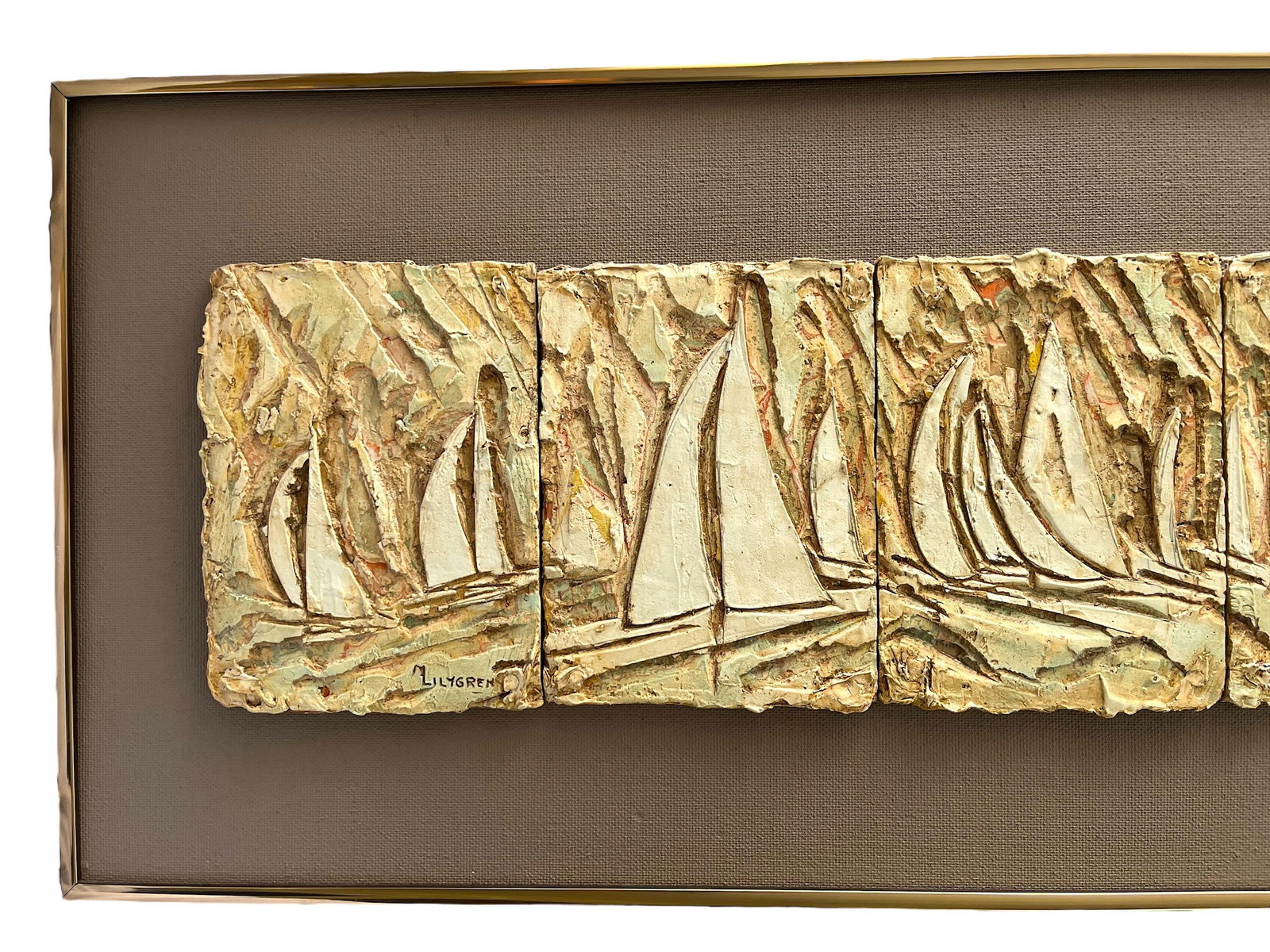 1970s Brutalist Nautical Bas Relief "The Racers" by Marilyn Lilygren – Framed Sailing Regatta - 2