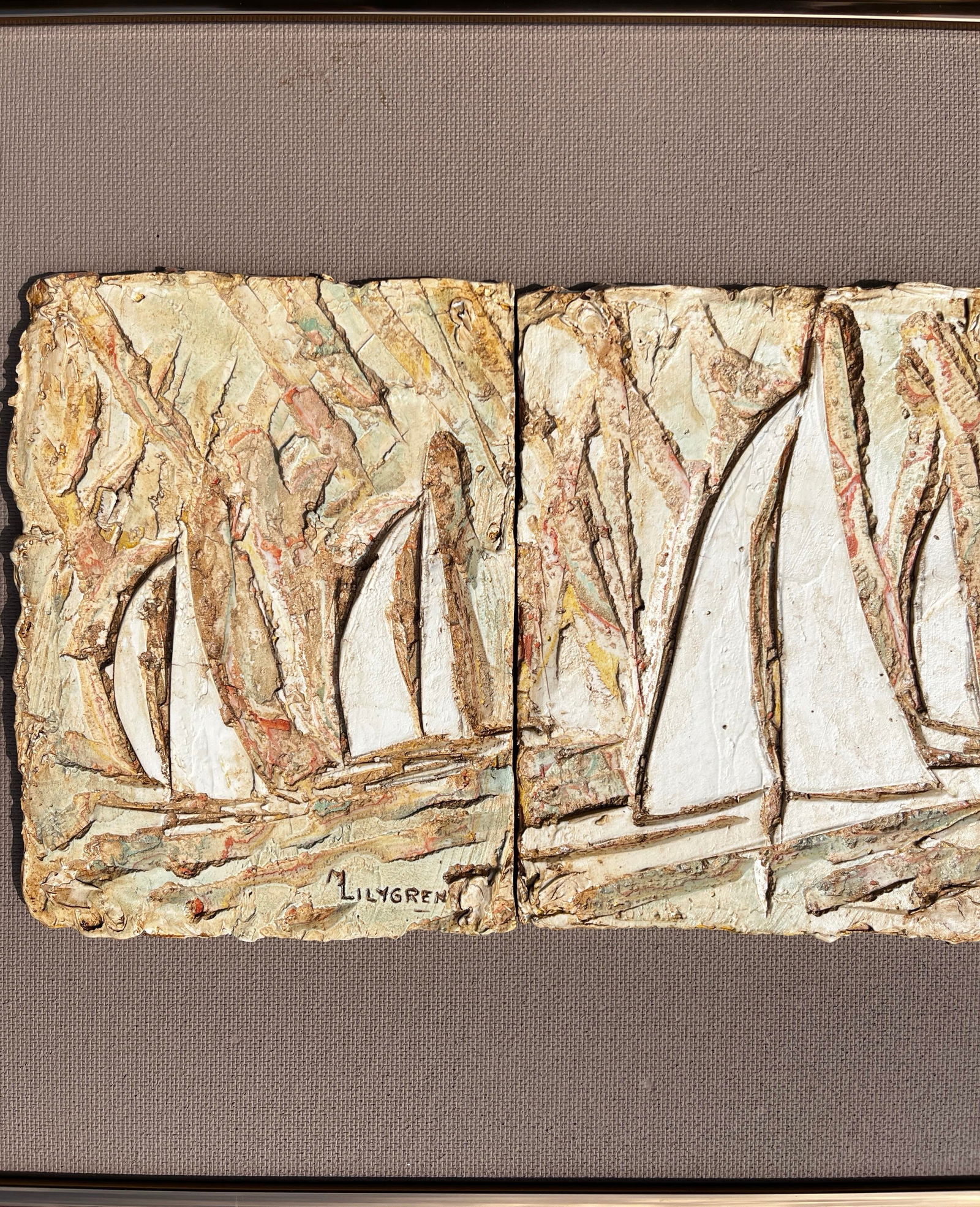 1970s Brutalist Nautical Bas Relief "The Racers" by Marilyn Lilygren – Framed Sailing Regatta - 4