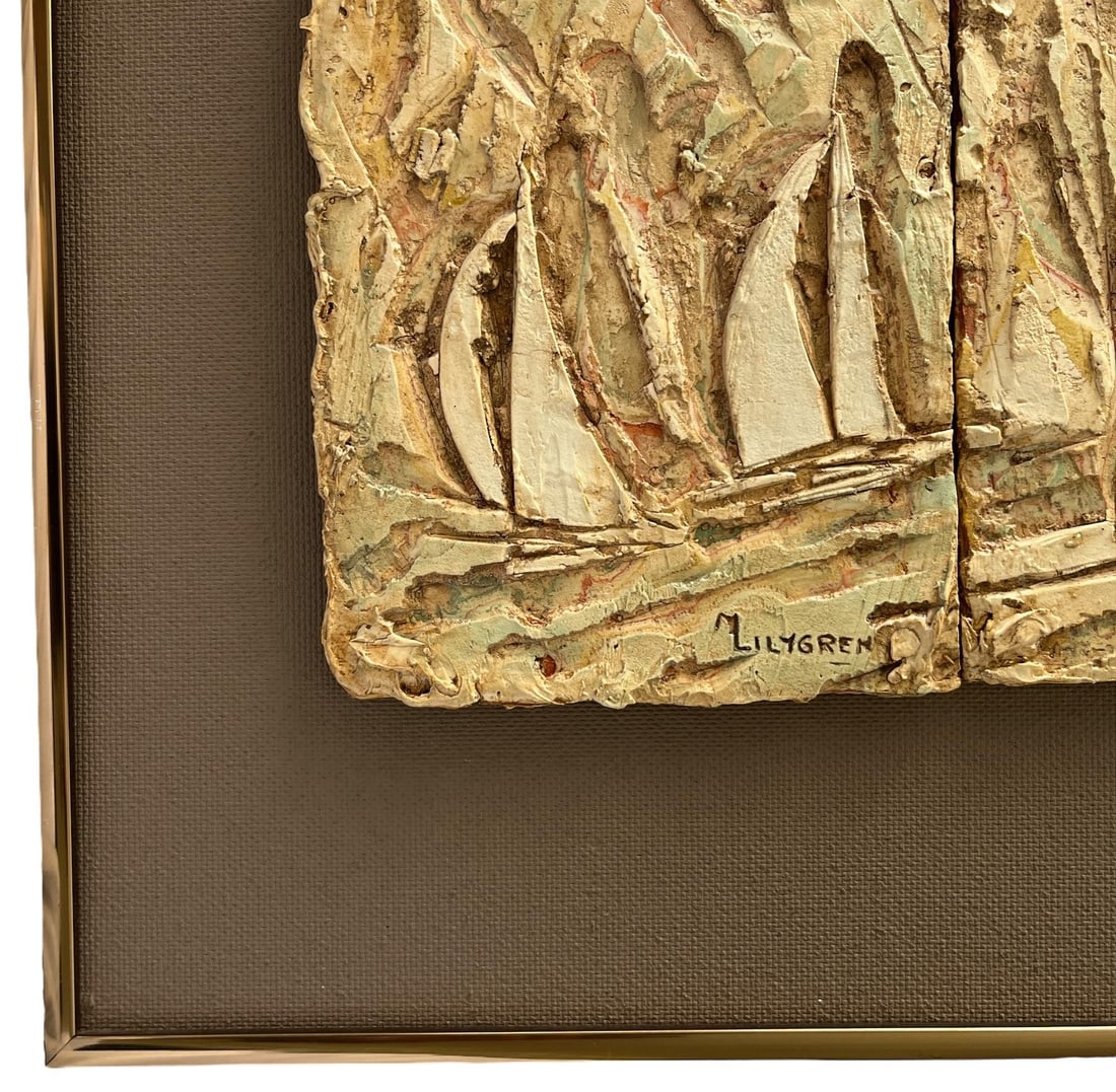 1970s Brutalist Nautical Bas Relief "The Racers" by Marilyn Lilygren – Framed Sailing Regatta - 7