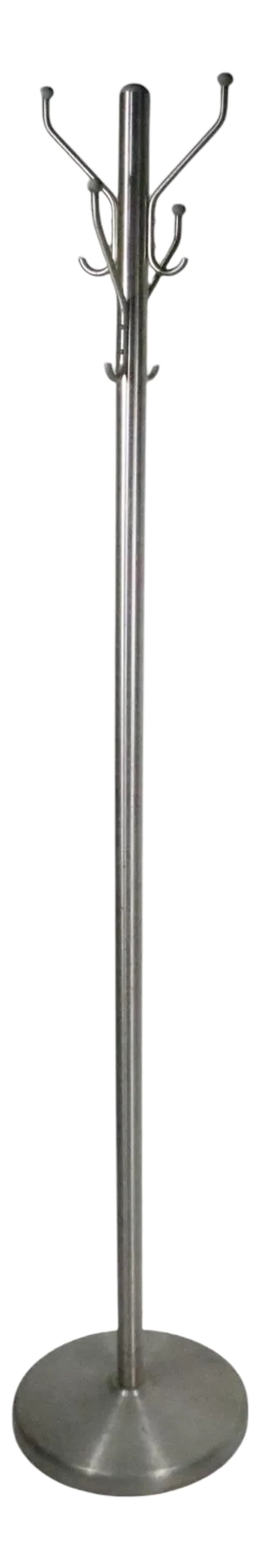 Mid 20th Century Mid Century Industrial Art Deco Aluminum Coat Hat Rack Tree Stand: Chic Mid Century, Industrial, Art Deco, Machine Age style floor standing coat rack, constructed of spun aluminum with gray plastic caps. The tubular center column has four arms, each with two hooks, a