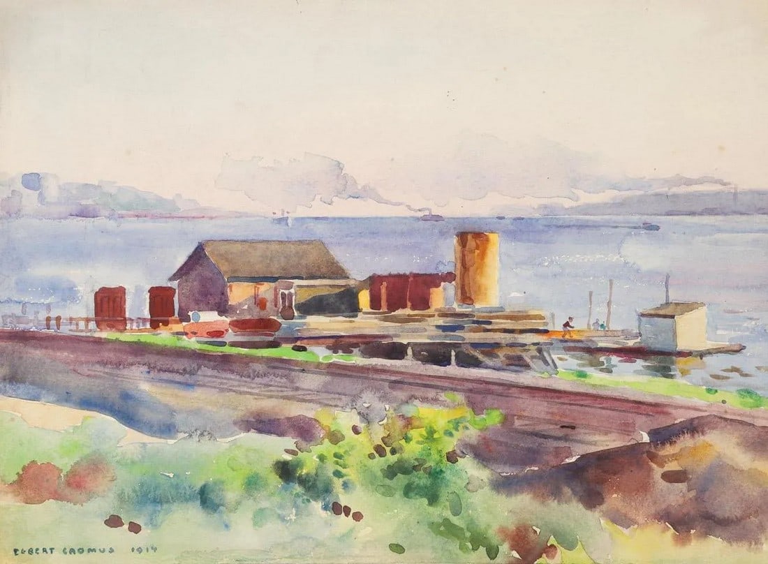 Antique 1914 Egbert Cadmus Boathouses Along Hudson River Watercolor Painting (1 of 9)