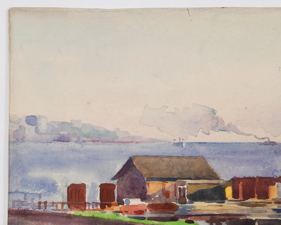 Antique 1914 Egbert Cadmus Boathouses Along Hudson River Watercolor Painting - 2