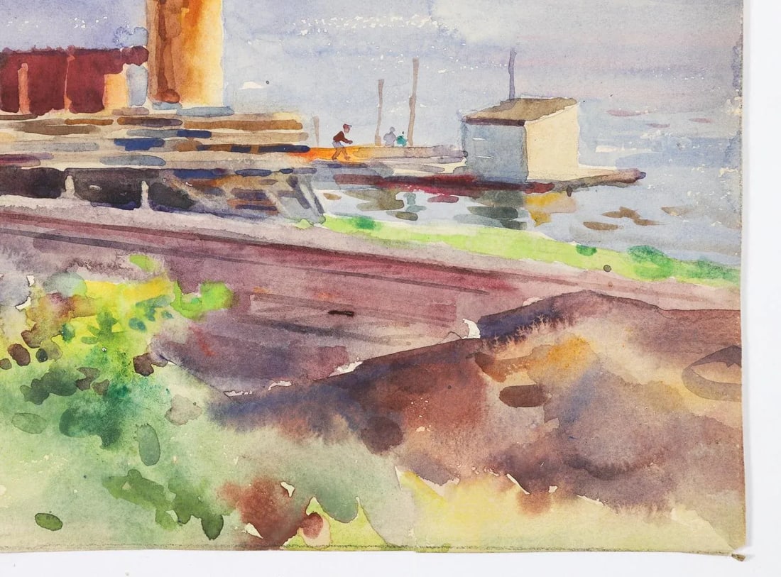 Antique 1914 Egbert Cadmus Boathouses Along Hudson River Watercolor Painting - 4
