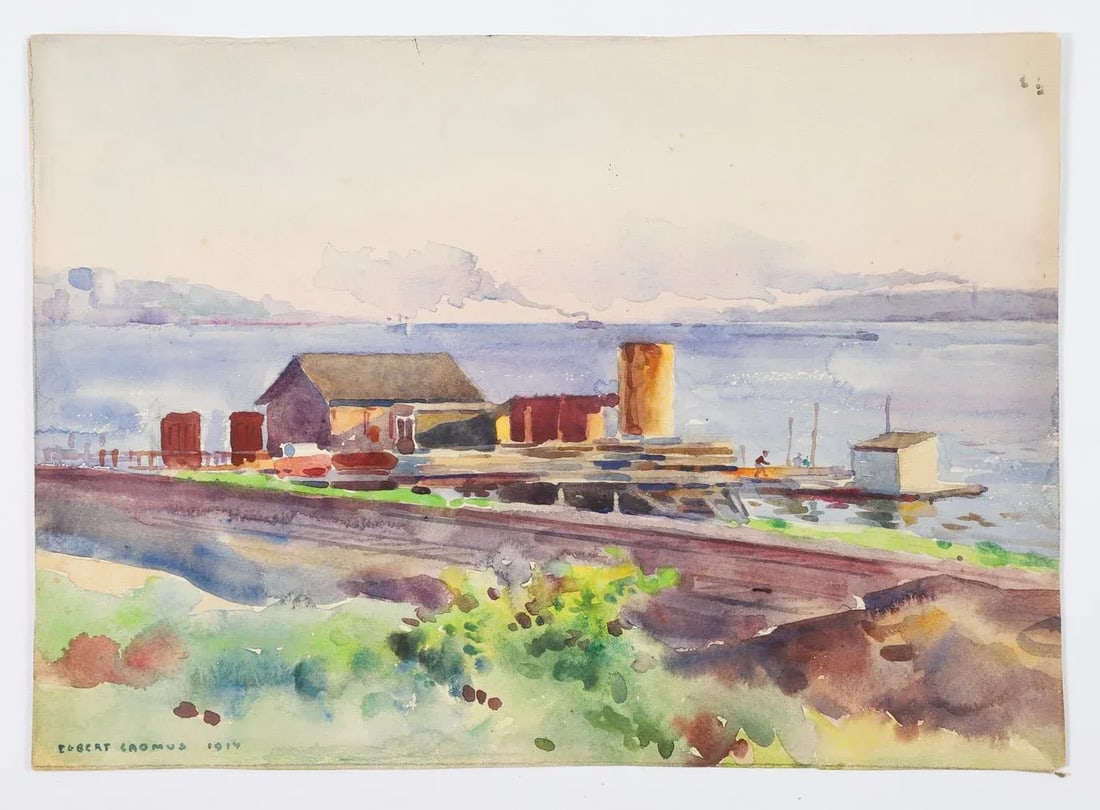 Antique 1914 Egbert Cadmus Boathouses Along Hudson River Watercolor Painting - 5