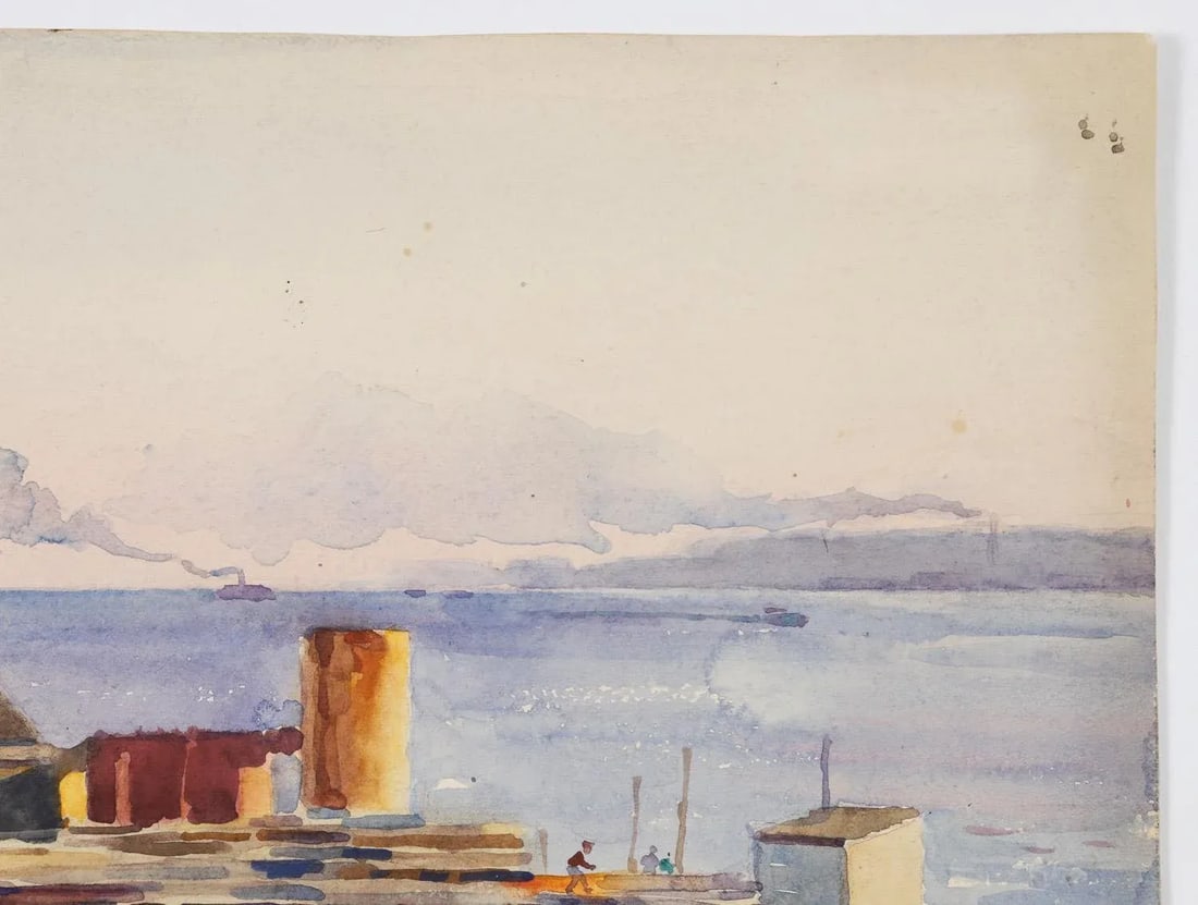 Antique 1914 Egbert Cadmus Boathouses Along Hudson River Watercolor Painting - 6