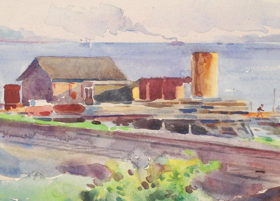 Antique 1914 Egbert Cadmus Boathouses Along Hudson River Watercolor Painting - 7